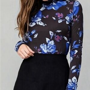 Free People Black and Blue Floral Long Sleeve Mockneck Top